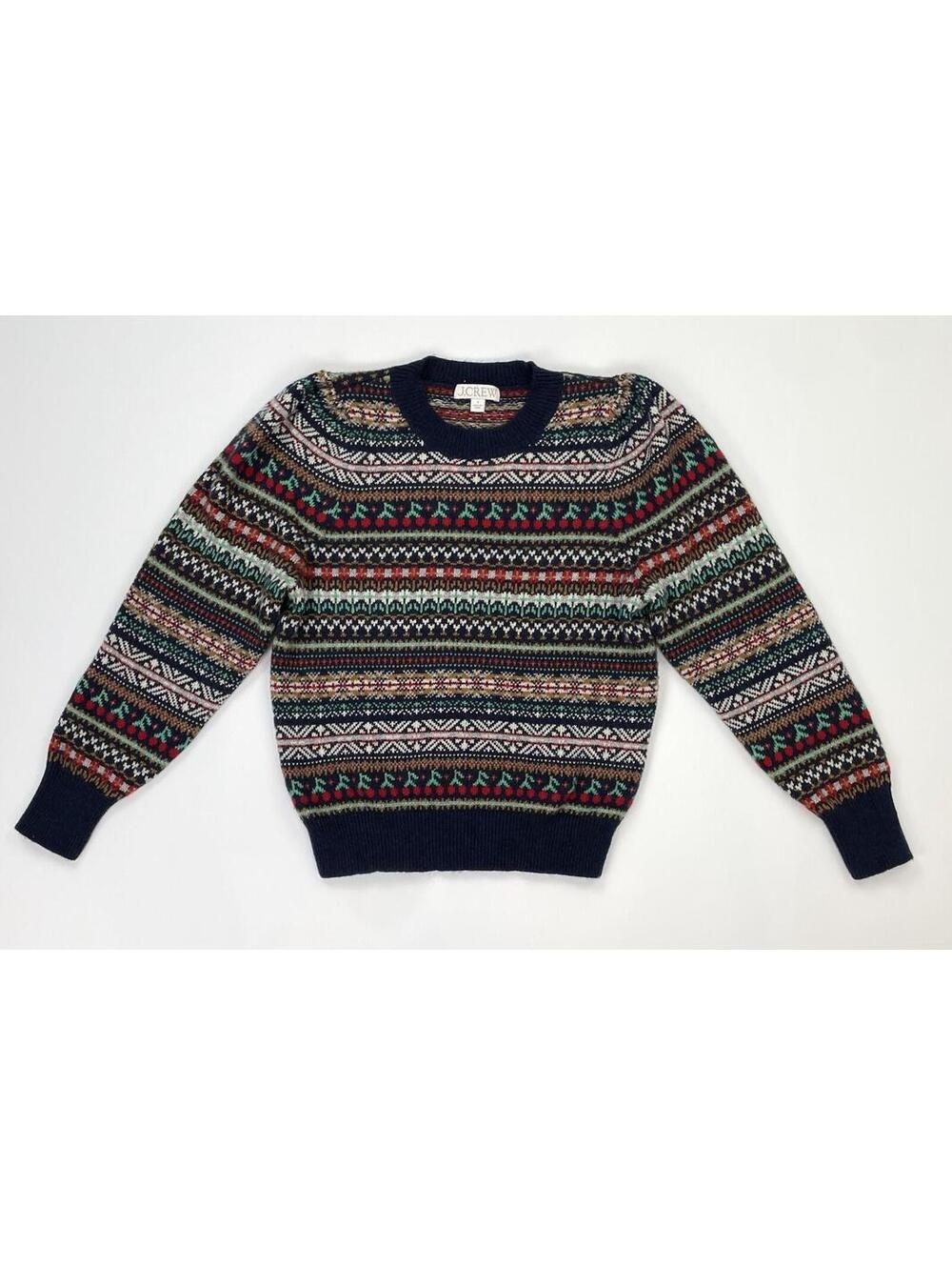 J. Crew Puff Sleeve Fair isle Crew Neck Sweater Navy Cherries Size Small
